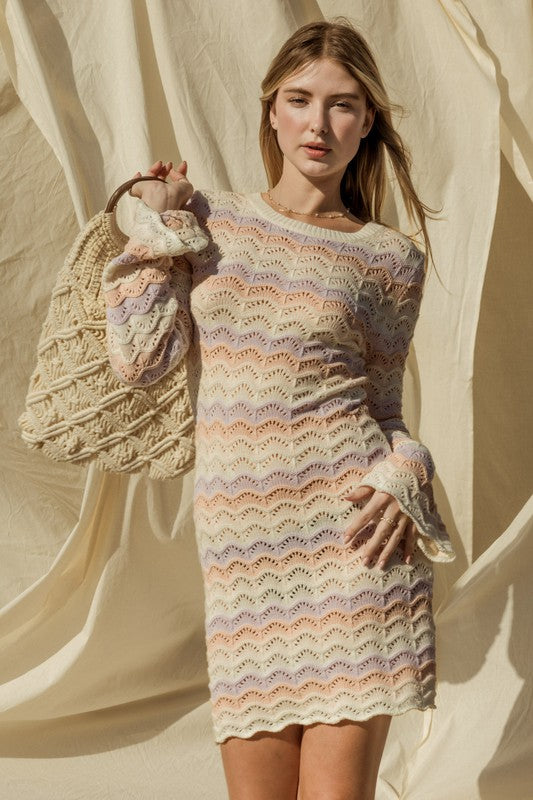 bell sleeve sweater dress Round Neck – Vera Shop The Metallic Studded Zebra Bell Sleeve Sweater Dress takes knitwear to the next level with a bold zebra pattern and statement gold studs Women's Red Bell Sleeve Bodycon