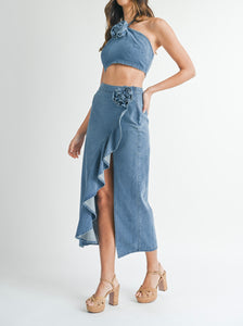 Denim Corsage Top and Ruffle hem Skirt SET